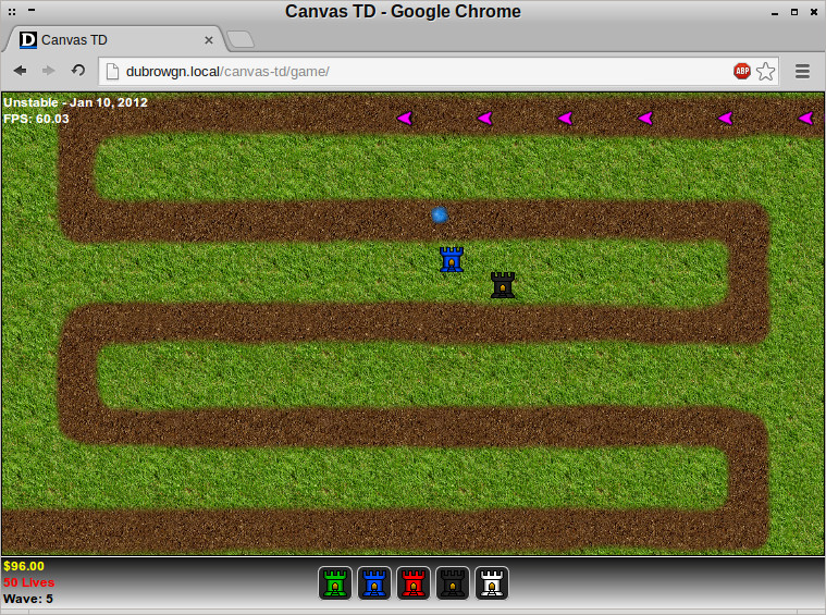 Canvas TD running in Google Chrome under CrunchBang Linux